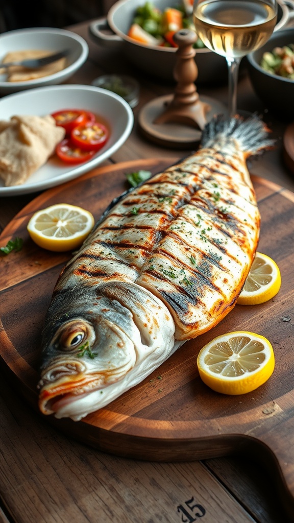 Grilled branzino on a wooden platter with lemon slices and herbs, showcasing crispy skin and flavorful presentation.